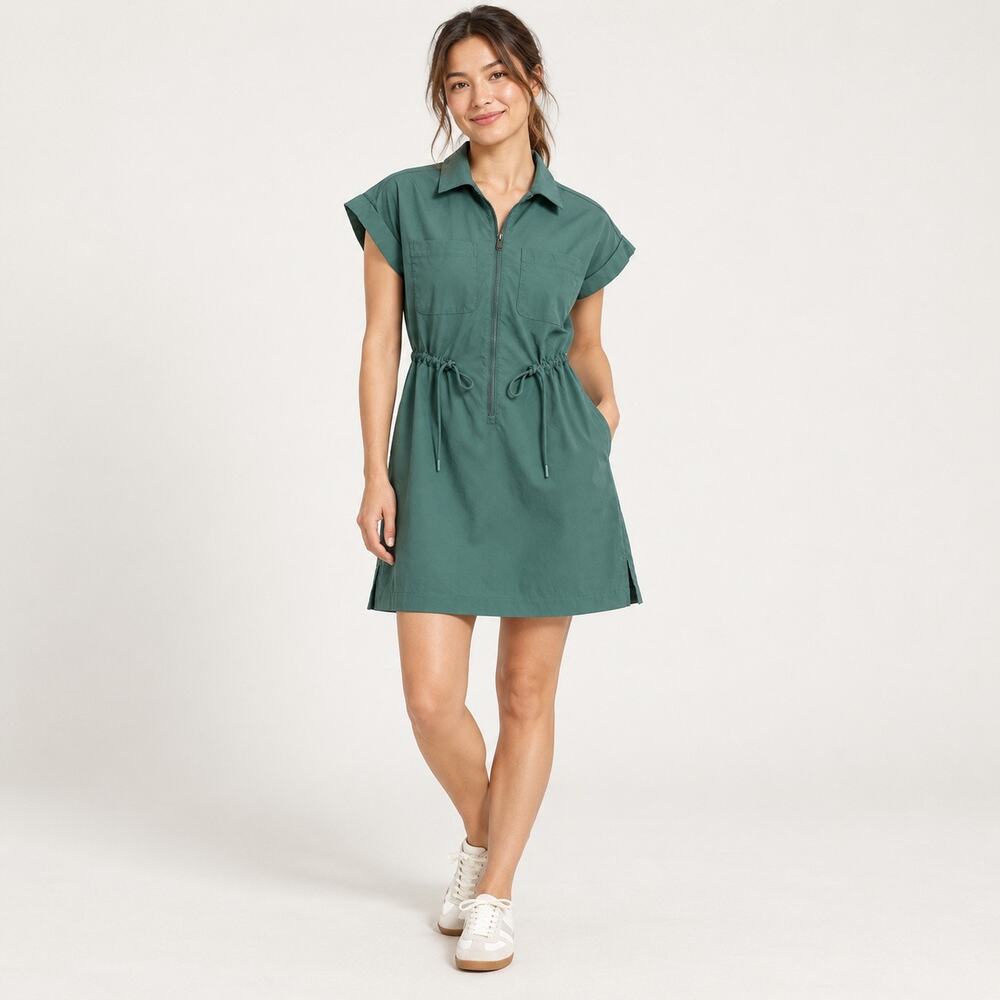 Athleta Topspin Utility Dress XS Petite Teal Green Half Zip Drawstring Waist